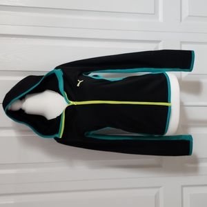 XS Puma zip up jacket. Black & Teal with Neon yellow zipper.